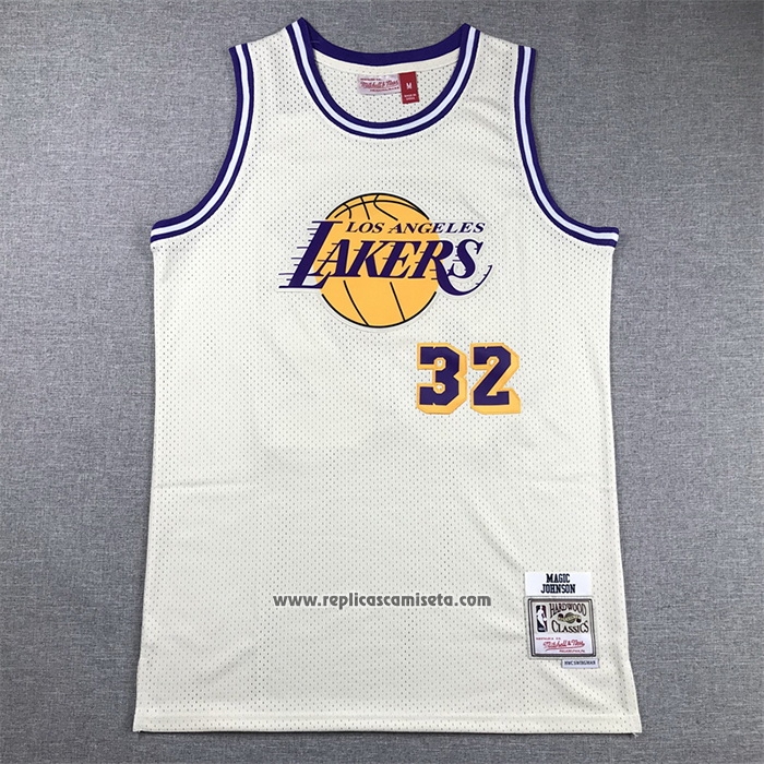 Camiseta Los Angeles Lakers Magic Johnson #32 Mitchell & Ness Chainstitch Crema